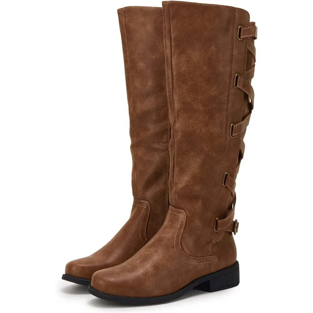 Womens Faux Leather Brown Strappy Motorcycle Knee High Riding Flat Lace Up Boots